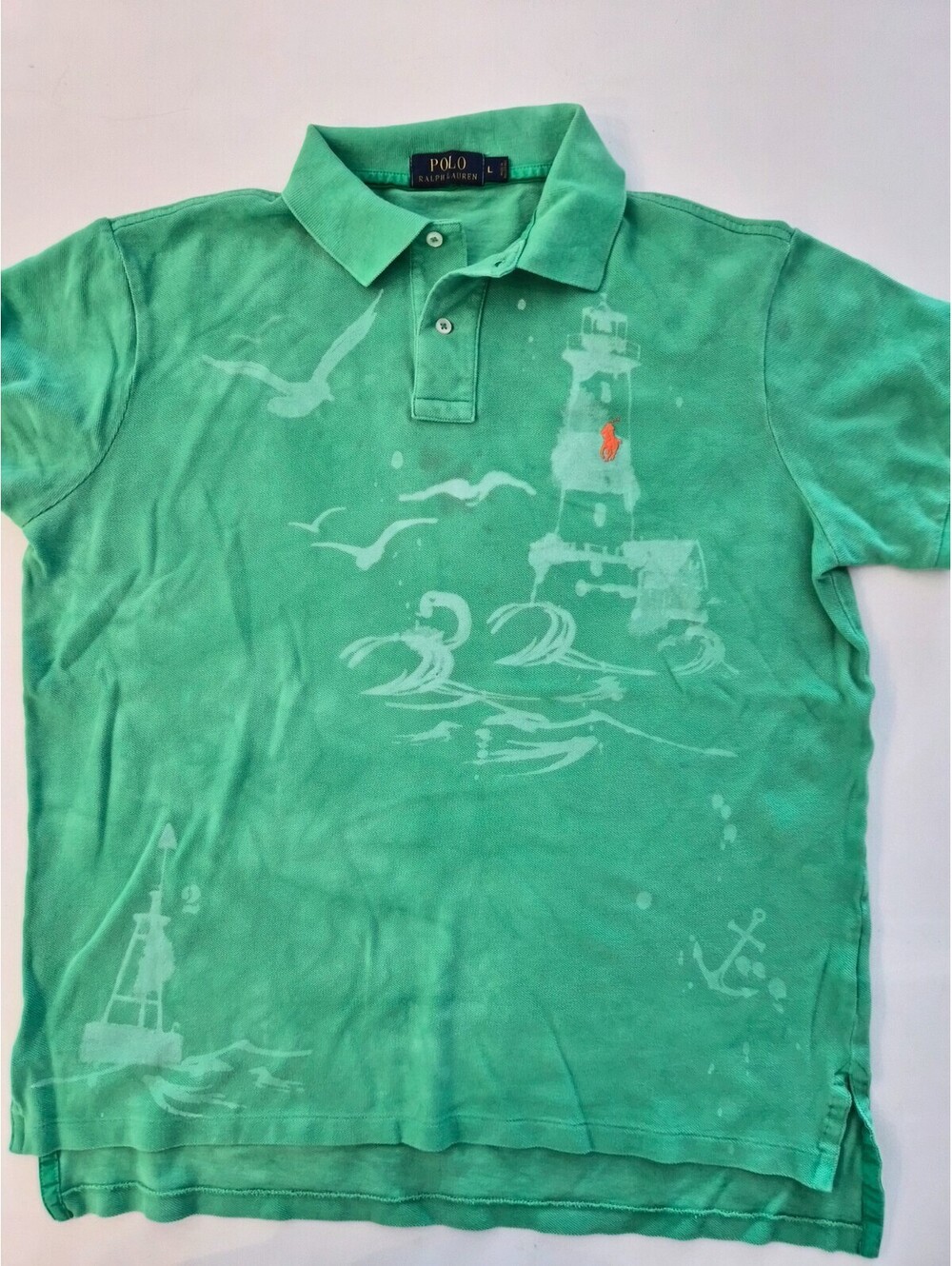 Polo Ralph Lauren Mens Large Green Lighthouse Nautical Graphic Mesh Polo Shirt
